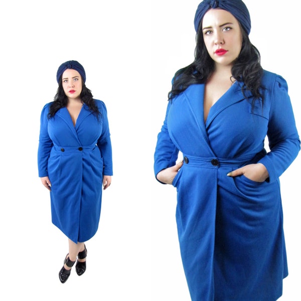 Plus Size Dress / Size XL / Vintage 1980's Cobalt Blue Wrap Dress / Vintage Dress