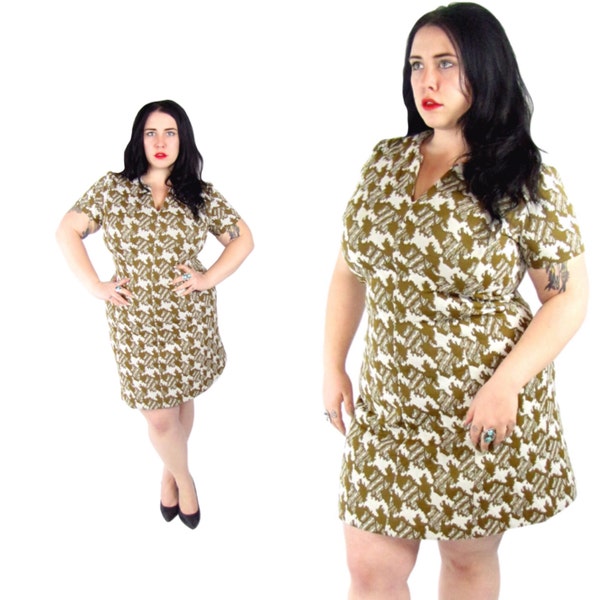Plus Size Dress / Vintage 1960's Dress Gold Houndstooth Mod Dress / Size XL / Vintage Dress