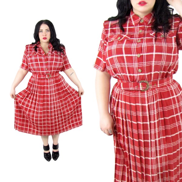 Plus Size 1980's Red Plaid Dress - Size 1X