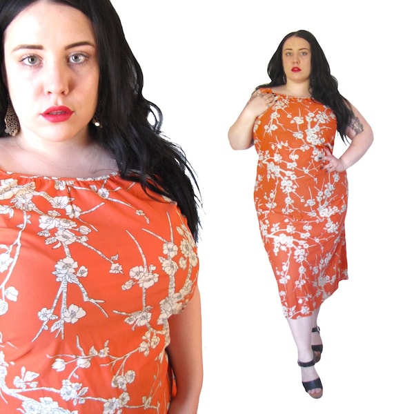 Vintage 1960's Nightgown l Orange Floral Polyester Dress l Size 1X l Vintage Dress