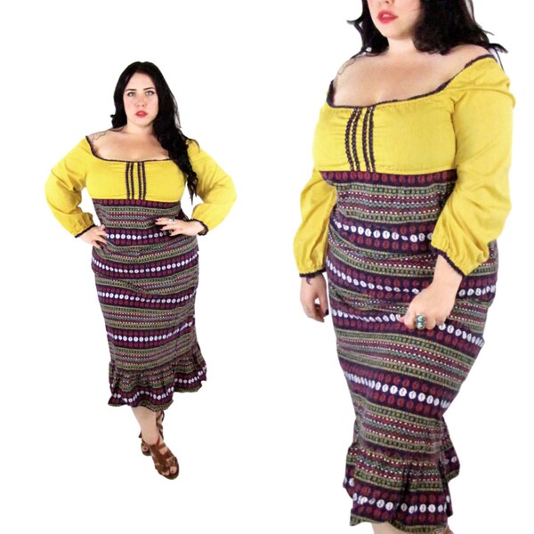 Plus Size Vintage 1970 de Prairie Boheemse Midi jurk - Size XL