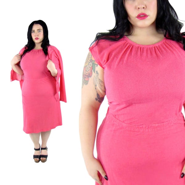 Plus Size Vintage 1970's Pink Two Piece Dress and Jacket - Size XL