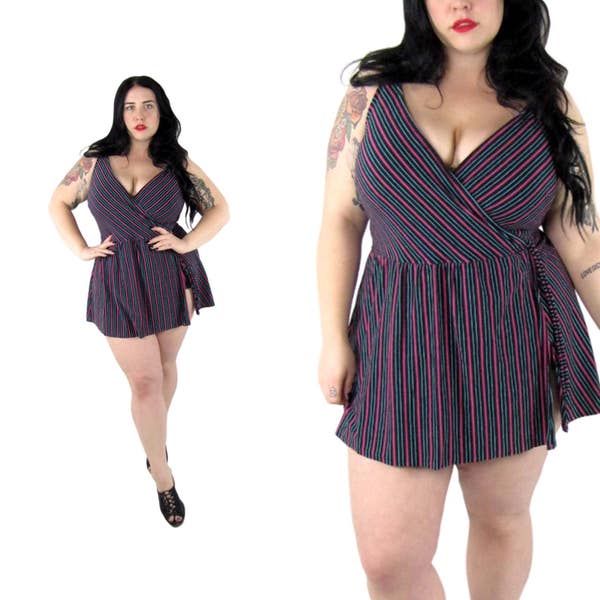 Plus Size 1980's Striped One Piece Swimsuit - Size 1X