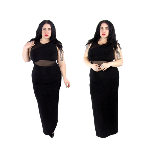 Plus Size Vintage 1990 de zwarte Mesh uitgesneden Maxi jurk maat L/XL