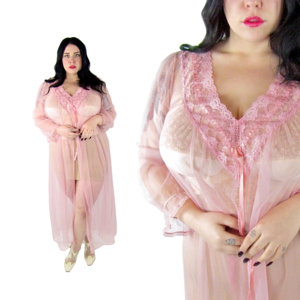 Plus Size Lingerie / Vintage 1980's pure roze Peignoir / maat XL