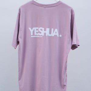 May include: A dusty rose short-sleeved t-shirt featuring the word YESHUA. printed in bold white capital letters across the upper back. The garment has a crew neckline and is displayed on a white hanger against a plain light grey background.