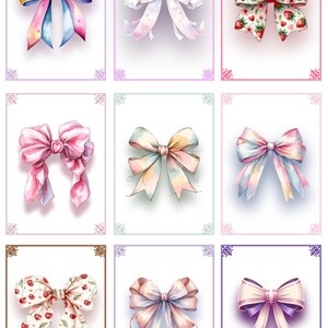 Può includere: Nove illustrazioni ad acquerello di fiocchi in vari colori e motivi. I fiocchi includono disegni con fragole, ciliegie e cuori. Ogni fiocco è posto su uno sfondo bianco all'interno di una cornice decorativa.