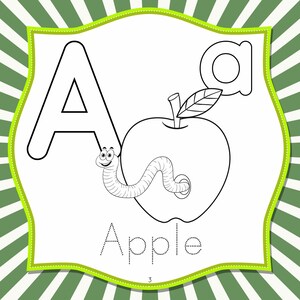 May include: Black and white illustration of an apple with a worm, the letter "A", and the word "Apple". The image is on a white background with a green and white striped border and a green decorative frame.
