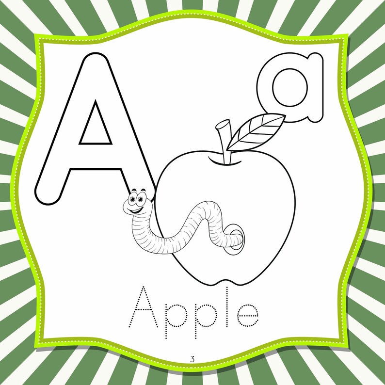 May include: Black and white illustration of an apple with a worm, the letter "A", and the word "Apple". The image is on a white background with a green and white striped border and a green decorative frame.