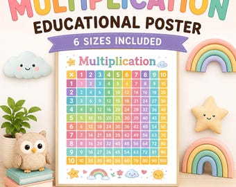 Puede incluir: Un póster educativo de multiplicación que presenta una cuadrícula colorida de números del 1 al 100. El diseño incluye encabezados en tonos pastel, una tabla de multiplicar central e iconos decorativos como un arcoíris, una estrella, una nube y un sol.