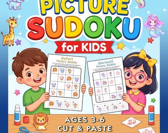 Puede incluir: Una portada de libro de actividades Picture Sudoku for KIDS con el texto "PICTURE SUDOKU for KIDS", "AGES 3-6", "CUT & PASTE" y "20 FUN THEMES". La ilustración muestra a dos niños sosteniendo hojas de actividades con animales y sirenas.