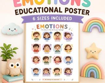 Puede incluir: Un póster educativo titulado EMOTIONS que presenta doce personajes ilustrados que muestran varios sentimientos como feliz, triste y emocionado. El póster incluye el texto It's okay to feel all of your feelings y All feelings are important.