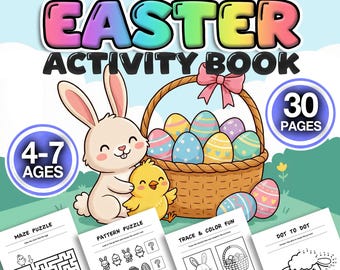 Puede incluir: Un libro de actividades de Pascua con el texto "FUN & EDUCATIONAL EASTER ACTIVITY BOOK". La portada presenta un conejo y un pollito de dibujos animados, una cesta de huevos decorados y el texto "4-7 AGES" y "30 PAGES". Las páginas de muestra muestran actividades de laberinto, patrones, trazos y punto a punto.