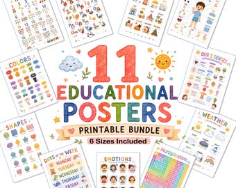 Puede incluir: Un conjunto de 11 pósteres educativos con ilustraciones coloridas para aprender números, alfabeto, meses, partes del cuerpo, colores, sentidos, formas, clima, días de la semana, emociones y multiplicación. El texto dice 11 EDUCATIONAL POSTERS.