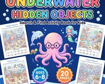 Puede incluir: Un libro de actividades digital titulado UNDERWATER HIDDEN OBJECTS Search & Find Activity Book for Kids. La portada muestra un pulpo rosa con gafas, un delfín y una sirena. Incluye cuatro páginas de muestra, 20 páginas y un PDF imprimible.