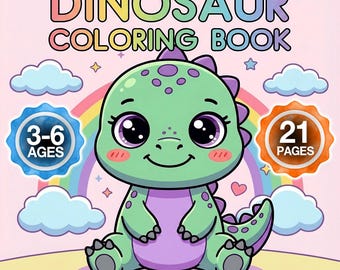 Puede incluir: Un libro para colorear de dinosaurios con una portada rosa claro que muestra un dinosaurio verde de dibujos animados con ojos grandes, vientre morado y púas moradas. El texto dice Dinosaur Coloring Book, 3-6 Ages y 21 Pages, con arcoíris y nubes.