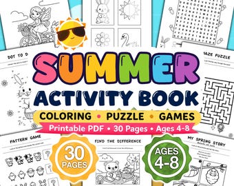 Puede incluir: Un libro de actividades de verano imprimible de 30 páginas con coloreables, rompecabezas y juegos para edades de 4 a 8 años. La portada muestra el texto SUMMER ACTIVITY BOOK, Printable PDF, 30 Pages, Ages 4-8 e INSTANT DOWNLOAD con varias hojas.