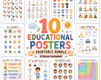 Puede incluir: Una colección de diez pósteres educativos con ilustraciones coloridas para niños. El conjunto incluye láminas sobre el alfabeto, números, colores, meses, formas, clima, días de la semana, partes del cuerpo, emociones y una tabla de multiplicar.