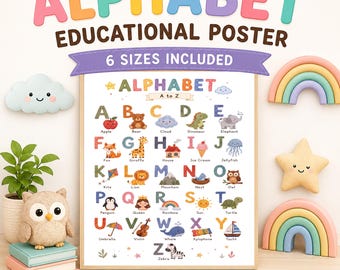 Puede incluir: Un póster educativo del alfabeto con las letras de la A a la Z, cada una acompañada de una ilustración colorida y su palabra correspondiente. El póster incluye el texto ALPHABET EDUCATIONAL POSTER y 6 SIZES INCLUDED sobre fondo blanco.