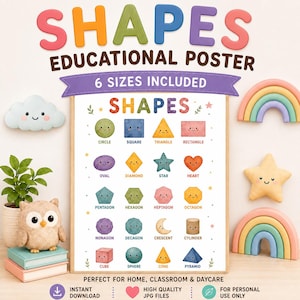 May include: An educational poster titled SHAPES featuring colorful illustrations of various geometric forms including a circle, square, triangle, rectangle, oval, diamond, star, heart, pentagon, hexagon, heptagon, octagon, nonagon, decagon, crescent, cylinder, cube, sphere, cone, and pyramid.