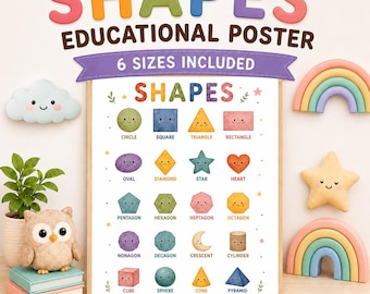 Puede incluir: Un póster educativo titulado SHAPES que presenta ilustraciones coloridas de varias formas geométricas, incluyendo círculo, cuadrado, triángulo, rectángulo, óvalo, diamante, estrella, corazón, pentágono, hexágono, heptágono, octágono, nonágono, decágono, media luna, cilindro, cubo, esfera, cono y pirámide.