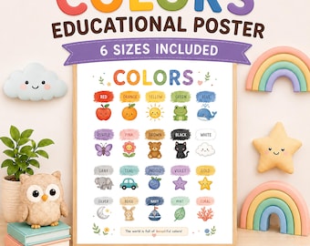 Puede incluir: Un póster educativo titulado COLORS que presenta una cuadrícula de veinte nombres de colores junto con ilustraciones correspondientes como una manzana, un sol, una rana y una ballena. El póster incluye el texto The world is full of beautiful colors.