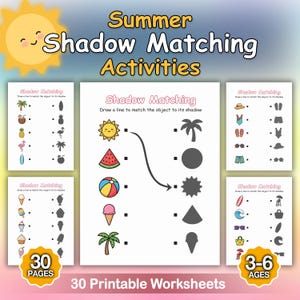 May include: A set of 30 printable Summer Shadow Matching Activities worksheets for ages 3-6. The pages feature colorful illustrations of suns, watermelons, beach balls, ice cream, and palm trees with corresponding black silhouettes for matching.