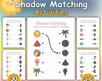 Puede incluir: Un conjunto de 30 hojas de trabajo imprimibles de Summer Shadow Matching para edades de 3 a 6 años. Las páginas muestran ilustraciones coloridas de soles, sandías, pelotas de playa, helados y palmeras con siluetas negras para emparejar.