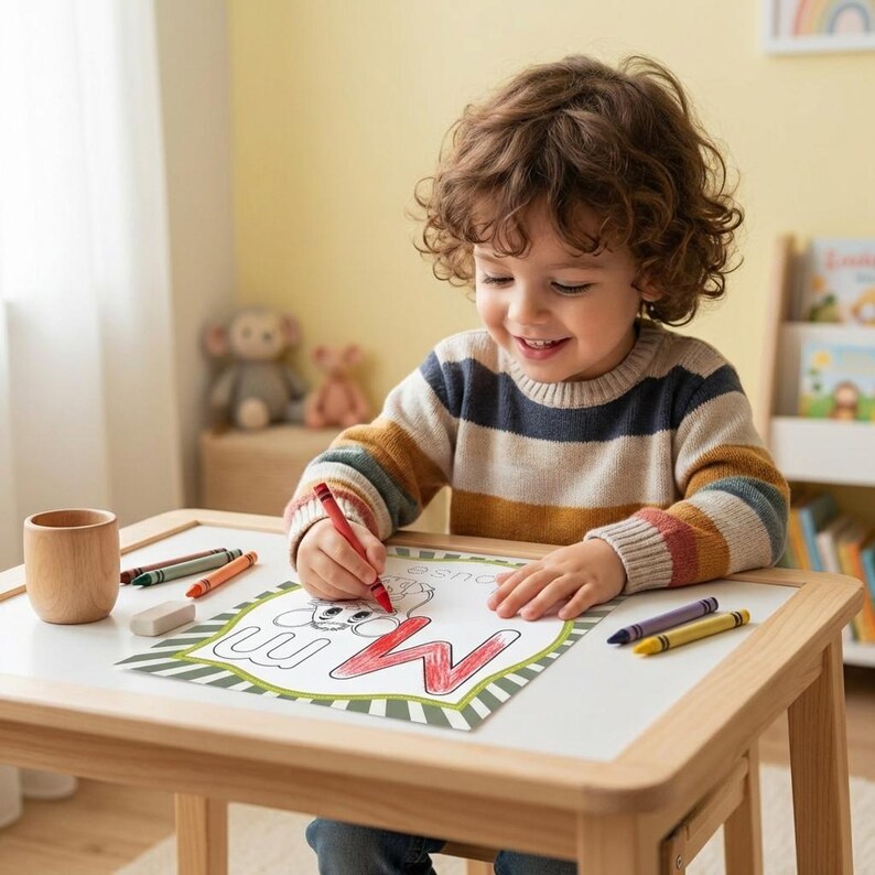 May include: A young child coloring a letter "W" on a worksheet with a red crayon. The worksheet has a drawing of a mouse. The child is wearing a striped sweater and sitting at a small wooden table with crayons and a wooden cup.