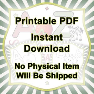 May include: A digital download graphic with the text "Printable PDF Instant Download No Physical Item Will Be Shipped." The design includes cartoon illustrations of an apple, a zebra, a worm, and a bee, with the letters A, B, and Z.