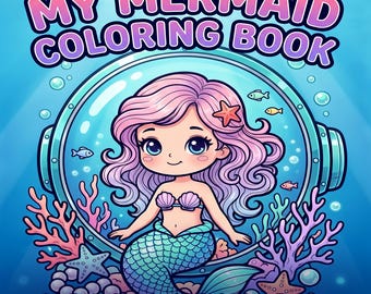 Puede incluir: Un libro para colorear titulado My Mermaid Coloring Book con 30 Cute Mermaid Coloring Pages. La portada muestra una sirena de dibujos animados con cabello rosa y cola azul dentro de una burbuja de cristal, rodeada de corales y estrellas de mar.