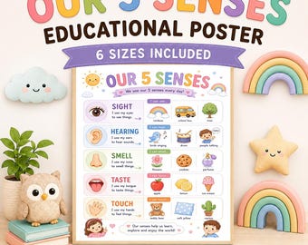 Puede incluir: Un póster educativo titulado Our 5 Senses con ilustraciones coloridas de ojos, oídos, una nariz, una boca y una mano. El gráfico incluye etiquetas para la vista, el oído, el olfato, el gusto y el tacto, junto con iconos como un arcoíris, un tambor, una flor, una manzana y un oso de peluche.