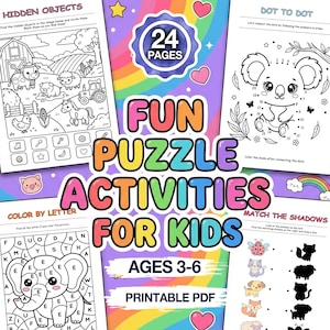 Roliga pusselaktiviteter för barn | Matchning, Dolda föremål, Prick-till-prick, Färglägg efter bokstav | Utskrivbar PDF