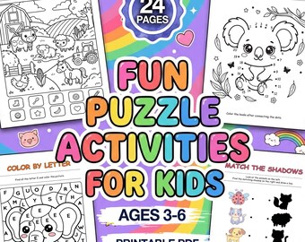 Divertidos juegos de rompecabezas para niños / Emparejar, objetos ocultos, unir puntos, colorear por letra / PDF imprimible