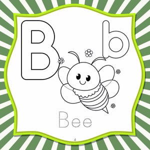 May include: A black and white illustration of a bee with the letter "B" and the word "Bee". The image is on a white background with a green and white striped border and a green scalloped frame.