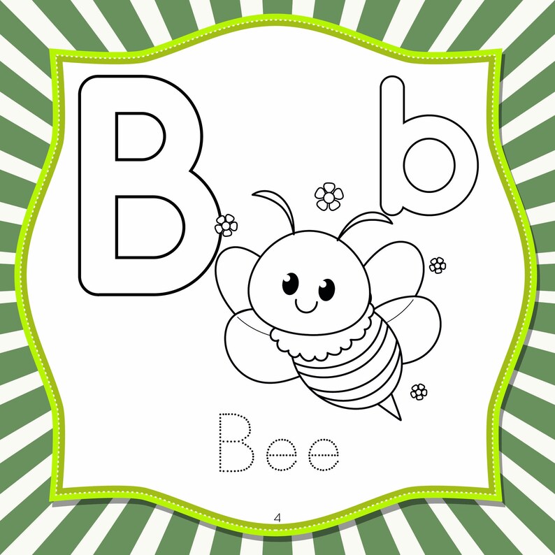 May include: A black and white illustration of a bee with the letter "B" and the word "Bee". The image is on a white background with a green and white striped border and a green scalloped frame.