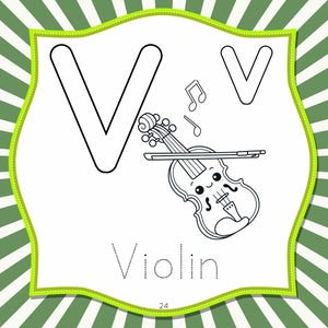 May include: A black and white illustration of the letter "V" with a violin. The violin has a smiling face and is accompanied by musical notes. The word "Violin" is written below the image.