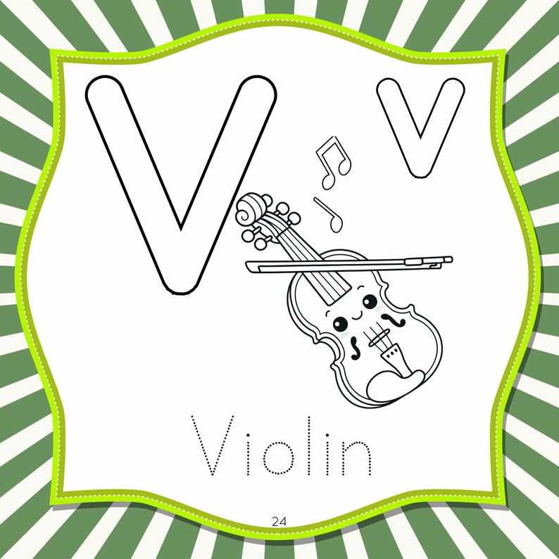 May include: A black and white illustration of the letter "V" with a violin. The violin has a smiling face and is accompanied by musical notes. The word "Violin" is written below the image.
