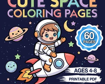Puede incluir: Ilustración colorida para la portada de un libro para colorear infantil. El texto dice "CUTE SPACE COLORING PAGES". Un astronauta de dibujos animados viaja en un cohete por un cielo estrellado, con planetas y estrellas. El libro tiene 60 páginas y es para niños de 4 a 8 años.