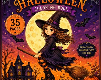 Puede incluir: Un libro para colorear de Halloween de 35 páginas con una joven bruja volando en una escoba frente a una gran luna llena. La portada muestra una casa embrujada morada, calabazas naranjas, murciélagos y el texto HALLOWEEN COLORING BOOK.
