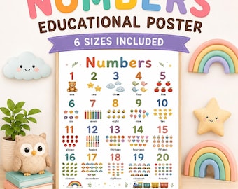 Puede incluir: Un póster educativo blanco titulado Numbers que muestra los números del uno al veinte, cada uno emparejado con coloridas ilustraciones de objetos como osos, estrellas, nubes, pájaros, manzanas y coches, dispuestos en una cuadrícula sobre un fondo claro.