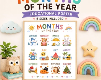 Puede incluir: Un póster educativo titulado MONTHS OF THE YEAR que presenta doce ilustraciones coloridas que representan cada mes, incluyendo un muñeco de nieve para enero, un oso para febrero, una escena de playa para julio y un árbol de Navidad para diciembre.