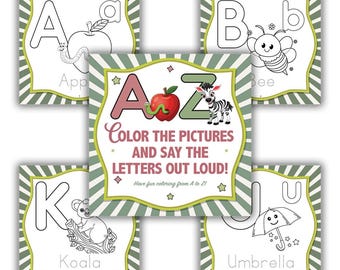 Puede incluir: Un conjunto de páginas para colorear del alfabeto. Cada página presenta una letra, una imagen correspondiente y la palabra para la imagen. La tarjeta central dice: "¡Colorea las imágenes y di las letras en voz alta!" con una manzana, un gusano y una cebra.