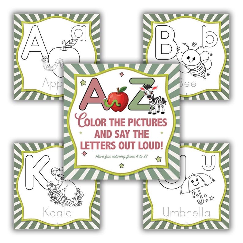 May include: A set of printable alphabet coloring pages. Each page features a letter, a corresponding image, and the word for the image. The central card reads "Color the pictures and say the letters out loud!" with an apple, worm, and zebra.