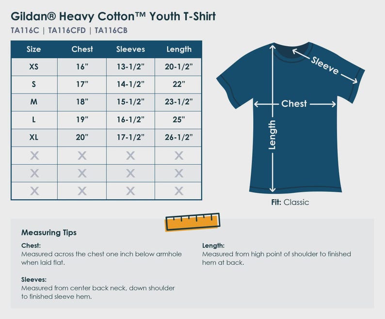 May include: A navy blue Gildan Heavy Cotton youth t-shirt with a size chart. The chart shows chest, sleeve, and length measurements in inches for sizes XS to XL. The shirt's fit is classic.
