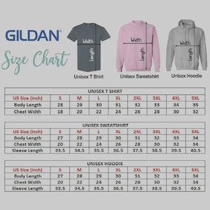 May include: A Gildan size chart for unisex t-shirts, sweatshirts, and hoodies. The chart shows body length, chest width, and sleeve length measurements in inches for sizes S to 5XL. Includes a grey t-shirt, a pink sweatshirt, and a grey hoodie.