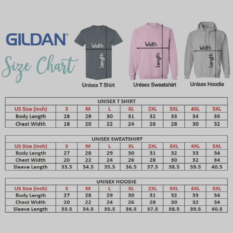 May include: A Gildan size chart for unisex t-shirts, sweatshirts, and hoodies. The chart shows body length, chest width, and sleeve length measurements in inches for sizes S to 5XL. Includes a grey t-shirt, a pink sweatshirt, and a grey hoodie.