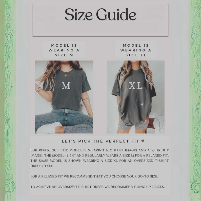 May include: A size guide with the text "Size Guide" at the top. The guide shows two models wearing grey t-shirts, one in size M and the other in size XL. The text below explains how to choose the right fit for a relaxed or oversized style.