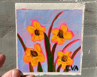 Mini Abstract Flower Painting – Yellow & Blue Floral Art – Small 4x4 Original Impressionist Style