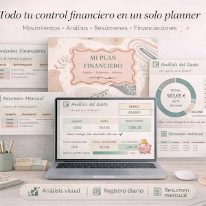 Puede incluir: Un portátil que muestra datos financieros, con gráficos y tablas, está sobre un escritorio. La imagen incluye una agenda, una taza de café y artículos de papelería. El texto en la parte superior dice "Todo tu control financiero en un solo planner."